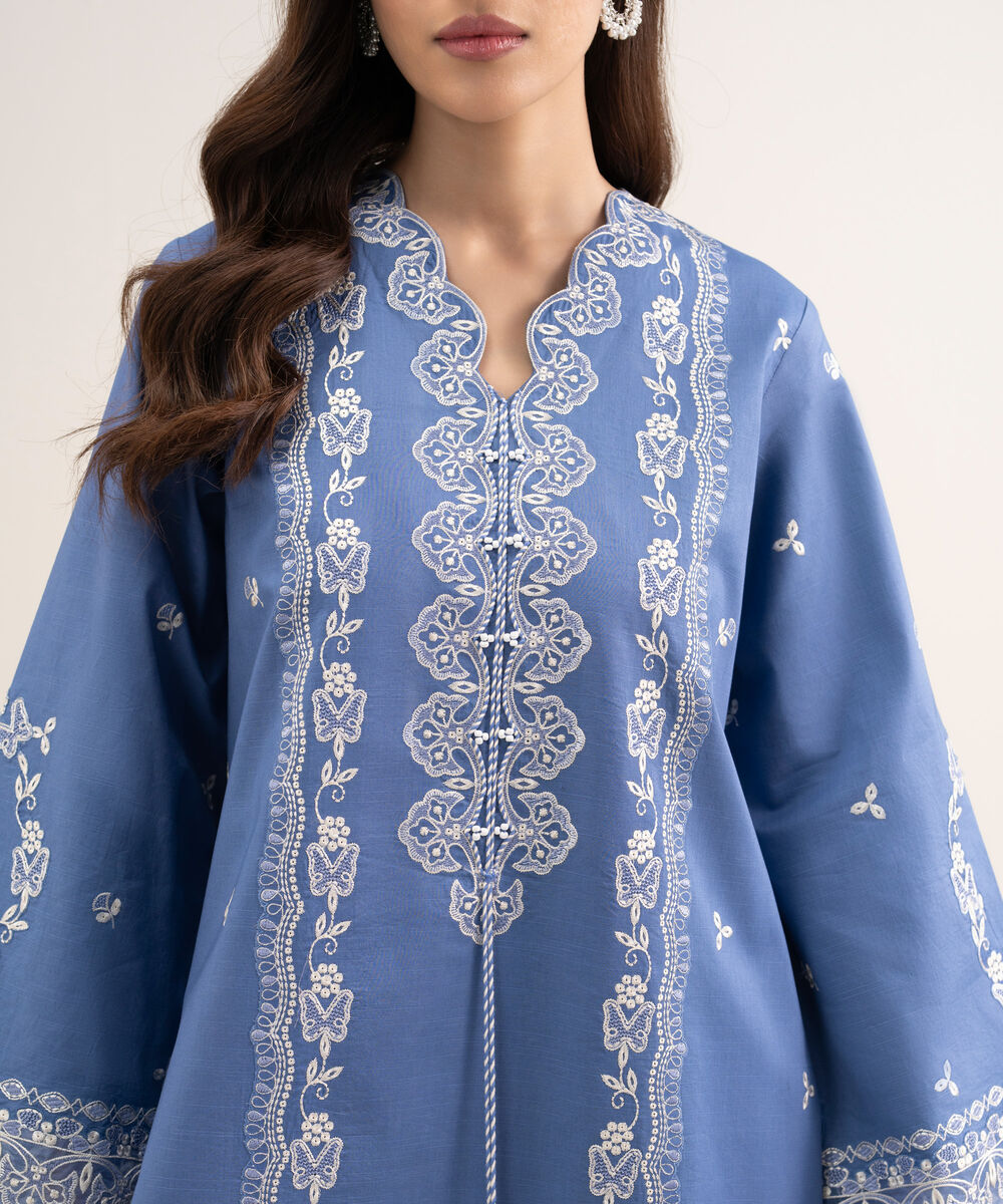 Women's Unstitched Textured Lawn Embroidered Blue  3 Piece Suit
