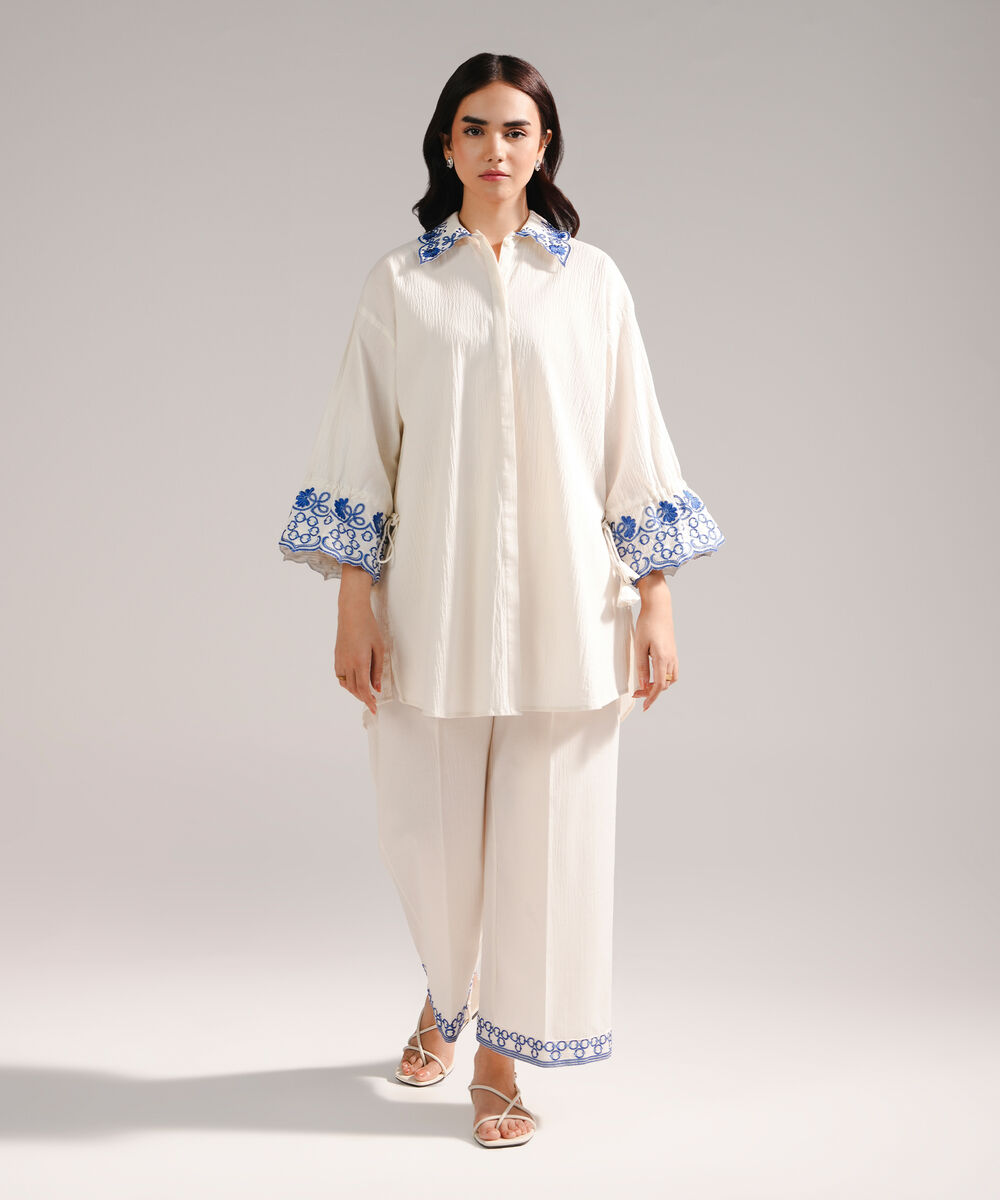 Women's RTW Seersucker Embroidered Off White Straight Shirt