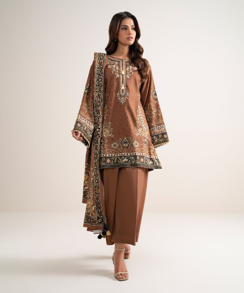 Women's Unstitched Printed Cotton Viscose Rust 3 Piece Suit