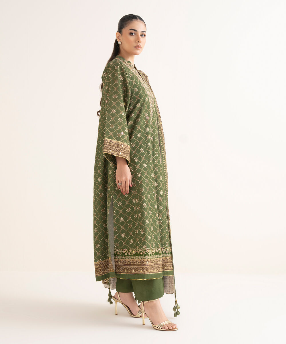 Women's Unstitched Embroidered Khaddar Green 3 Piece Suit