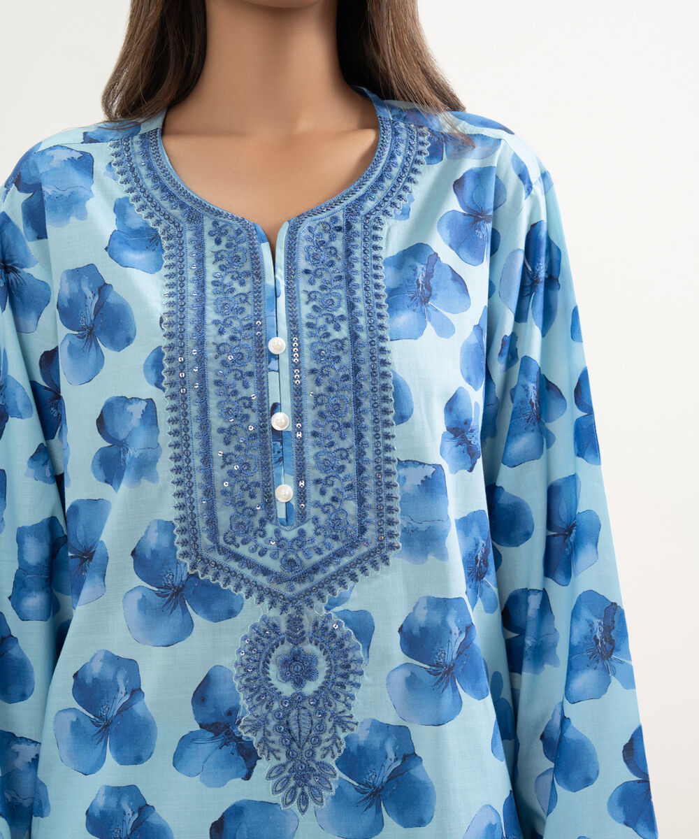 Women's RTW Cambric Embroidered Blue Straight Shirt