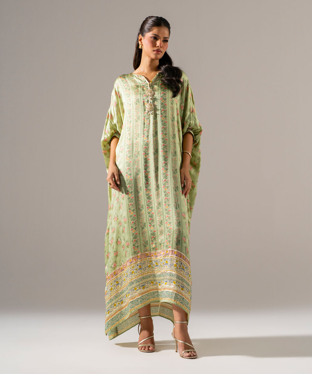 Women's RTW White Featheer Chamoz Printed Green Kaftan