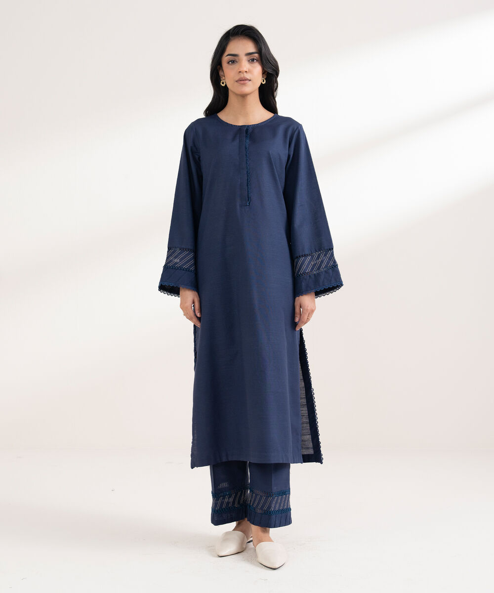Women's RTW Khaddar Embroidered A-Line Blue Shirt