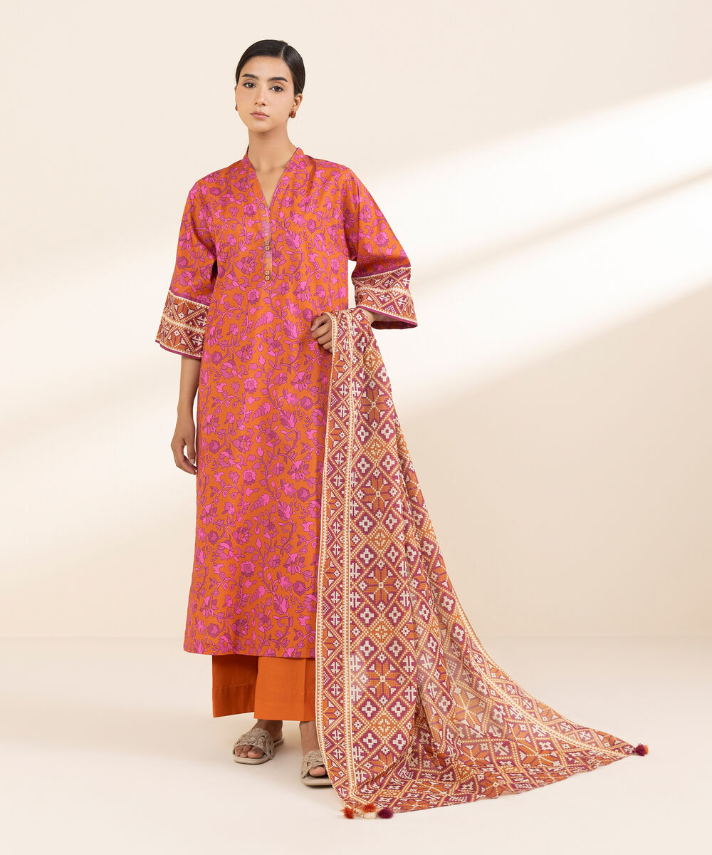 Women's Unstitched Lawn Printed Orange 3 Piece Suit