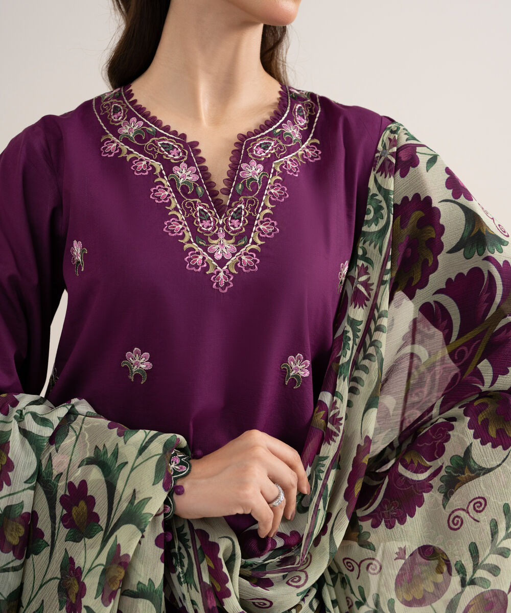 Women's Unstitched Dobby Embroidered Purple 3 Piece Suit