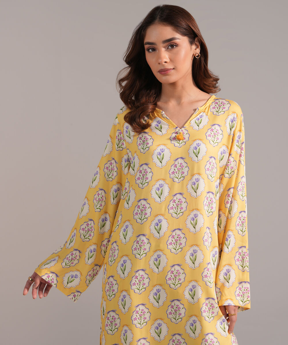 Women's RTW Arabic Lawn Printed Yellow A-Line Shirt