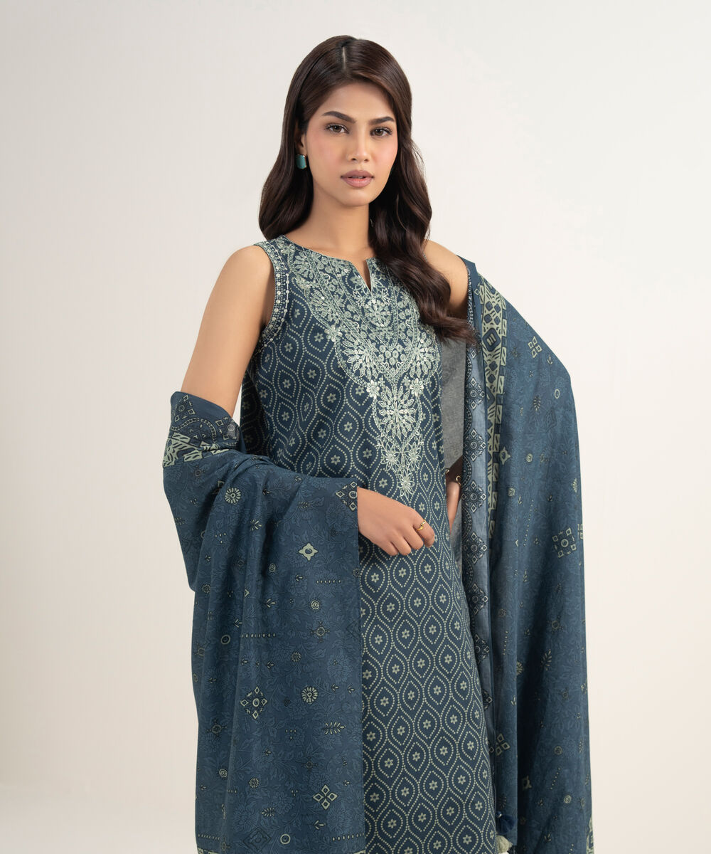 Women's Unstitched Lawn Embroidered Blue 3 Piece Suit