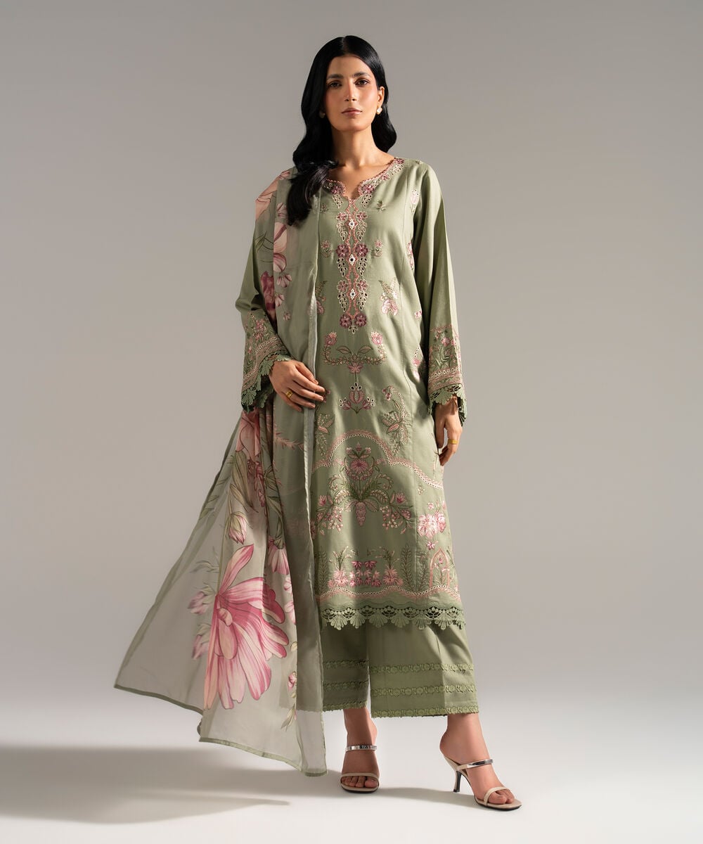 Women's RTW Dobby Crepe Embroidered Green 3 Piece Suit