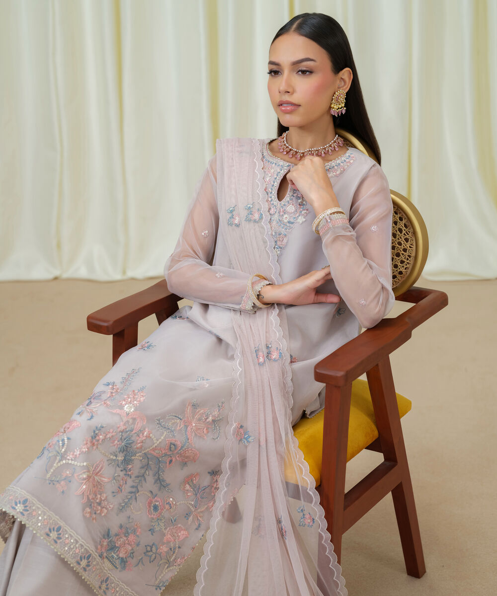 Women's Unstitched Blended Organza Embroidered Grey 3 Piece Suit