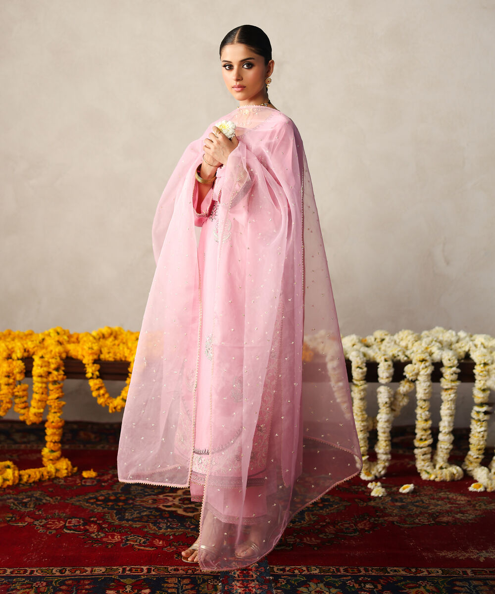 Women's RTW Silk Cotton Net Embroidered Pink 3 Piece Suit