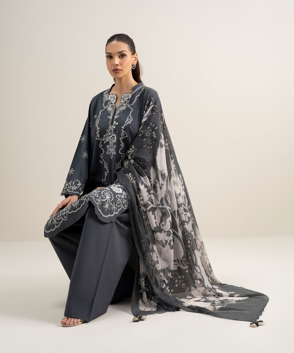 Women's Unstitched Textured Lawn Embroidered Grey 3 Piece Suit