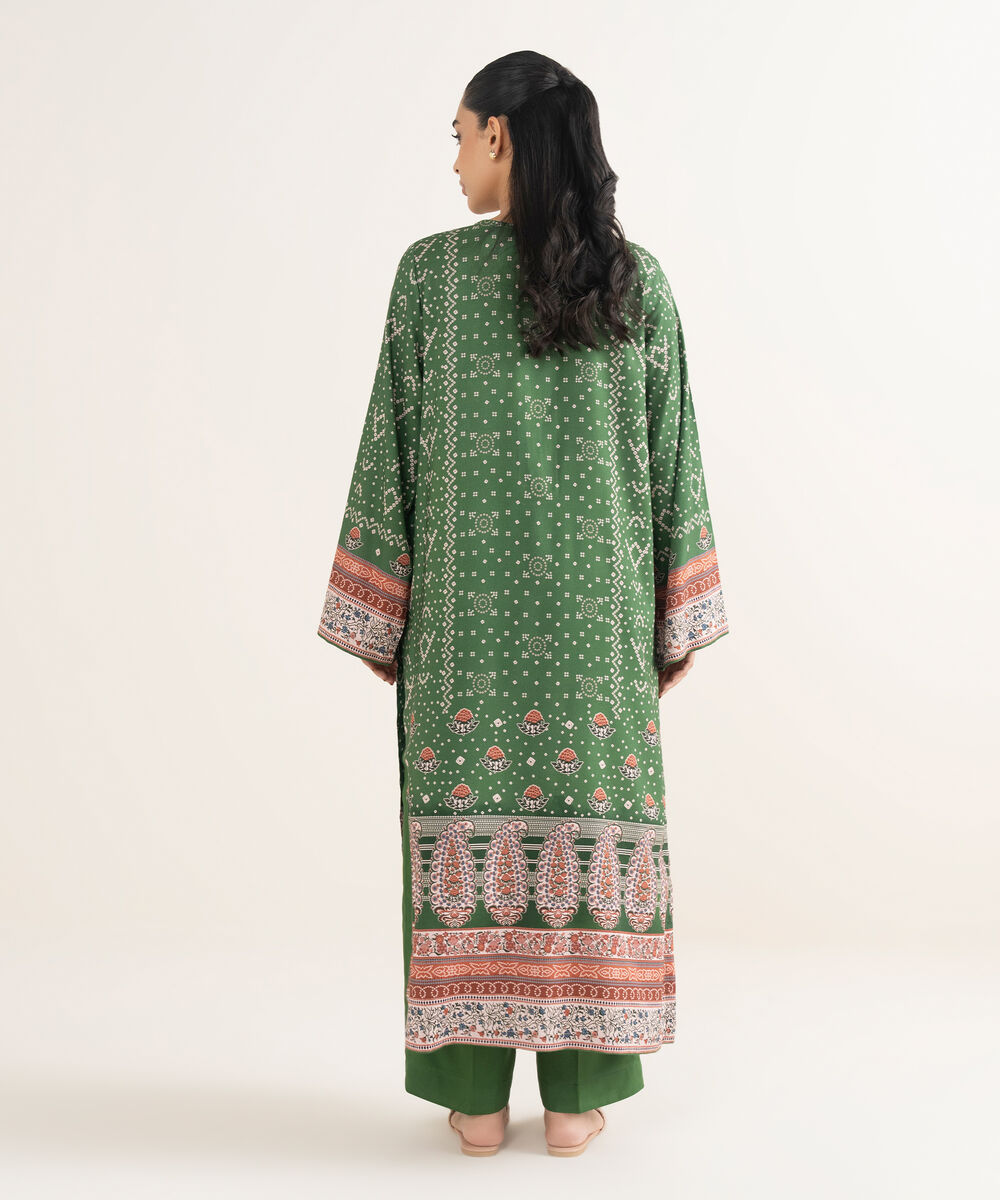 Women's RTW Linen Printed Green A-Line Shirt
