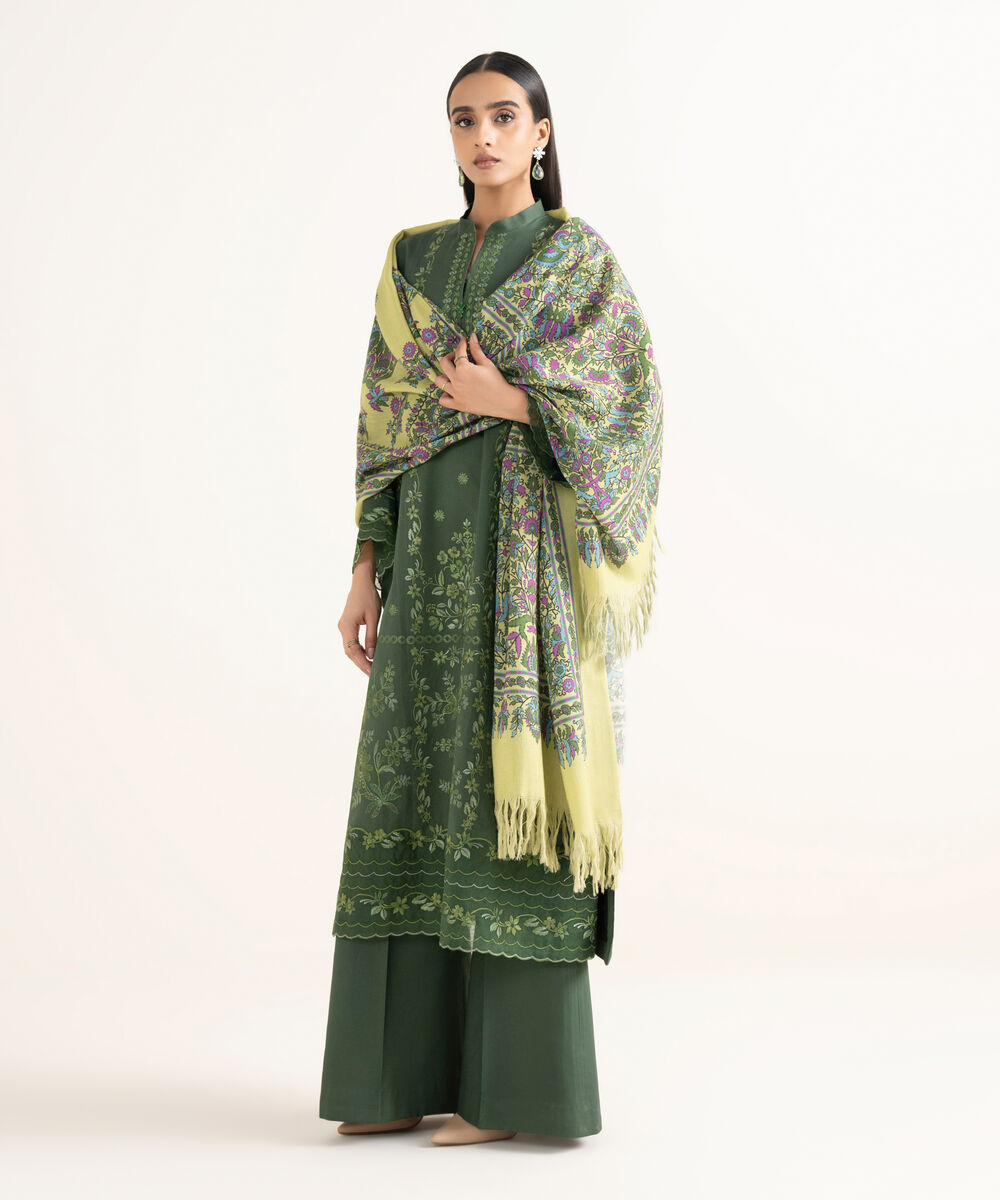 Women's Unstitched Twill Embroidered Green 3 Piece Suit