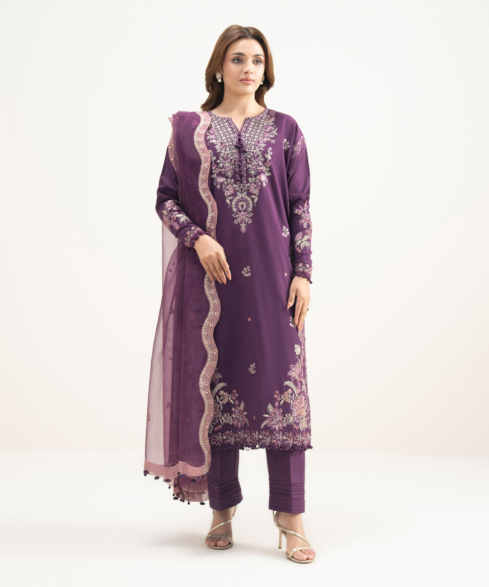 Women's Unstitched Lawn Embroidered Purple 3 Piece Suit