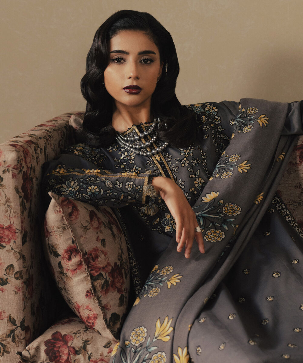 Women's Unstitched Embroidered Fine Cotton Satin Grey 3 Piece Suit