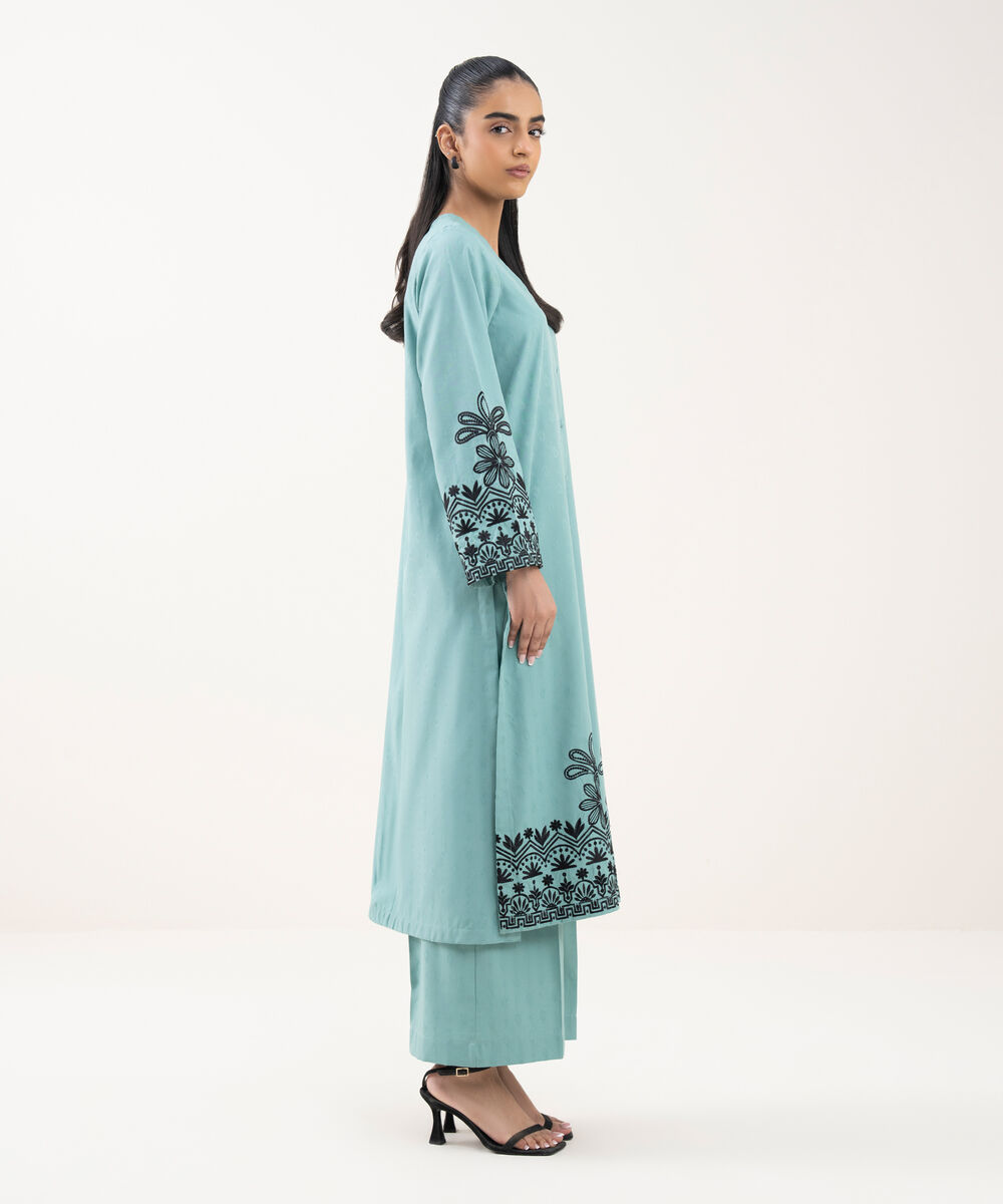 Women's RTW Cotton Jacquard Embroidered Blue A-Line Shirt