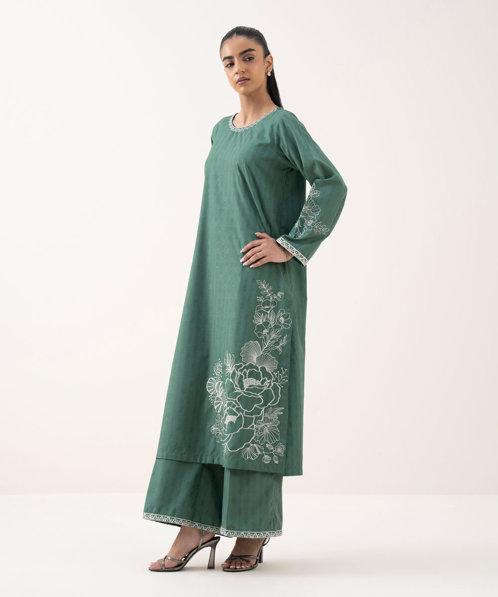 Women's RTW Cotton Jacquard Embroidered Green A-Line Shirt