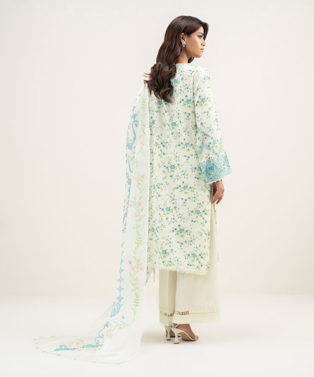 Women's RTW Lawn Embroidered Off White 3 Piece Suit
