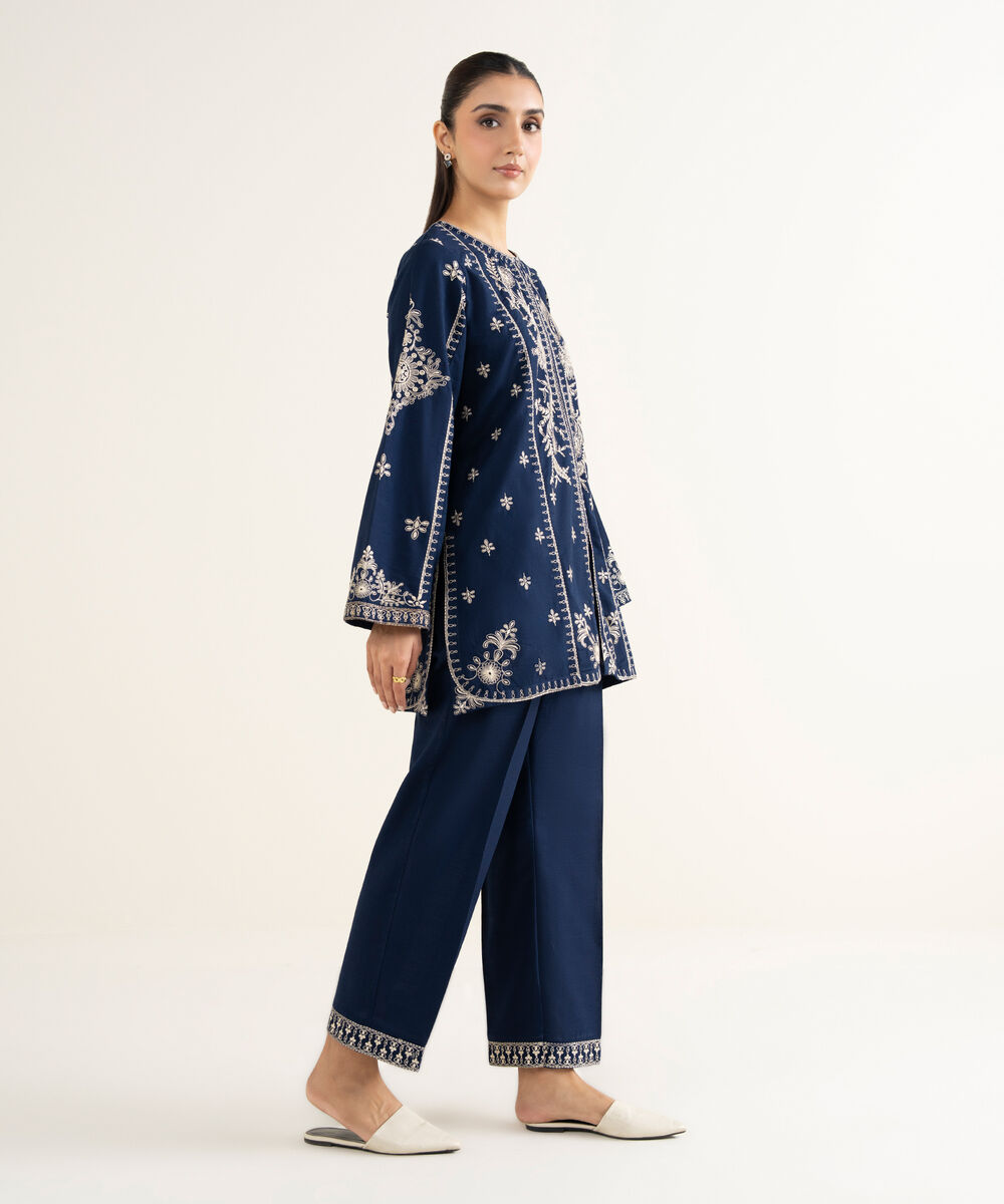 Women's RTW Khaddar Embroidered Blue Straight Shirt