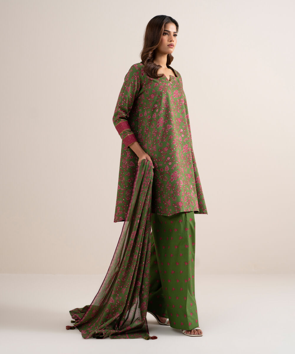 Women's Unstitched Lawn Printed Olive Green 3 Piece Suit