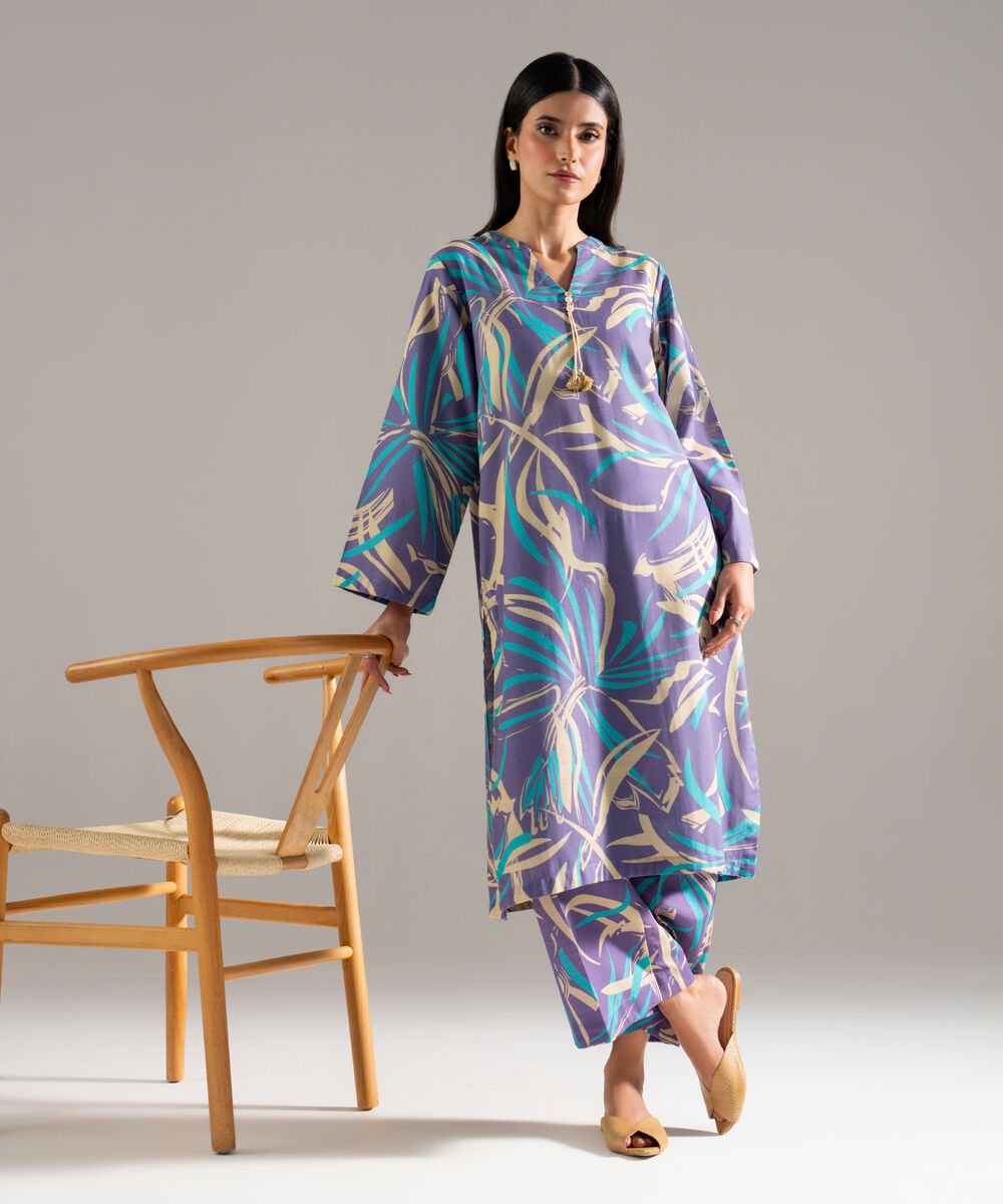 Women's RTW Khaddar Printed Purple 2 Piece Suit