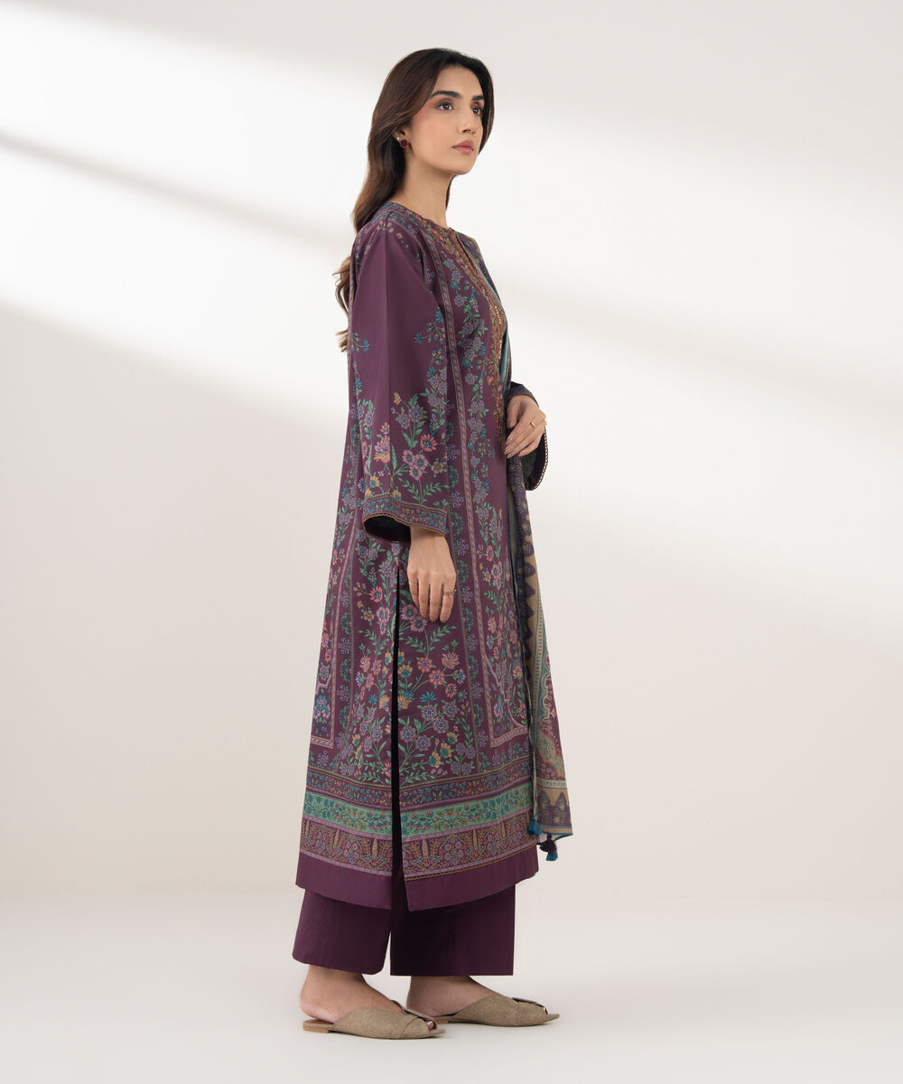 Women's Unstitched Lawn Printed Purple 3 Piece Suit