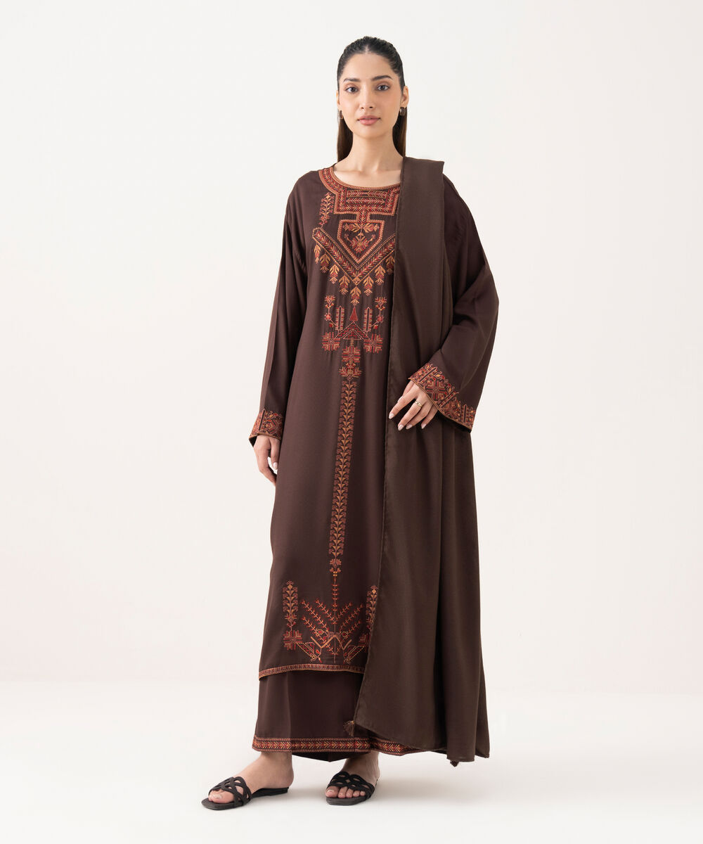 Women's RTW Bedford  Embroidered Brown Drop Shoulder Shirt