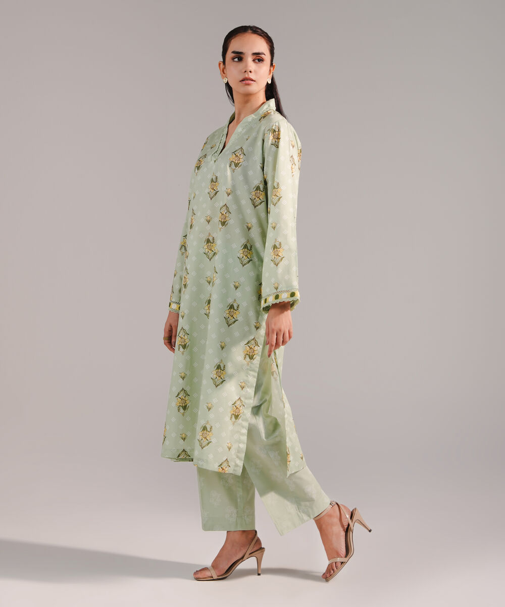 Women's RTW Lawn Printed Green Straight Shirt