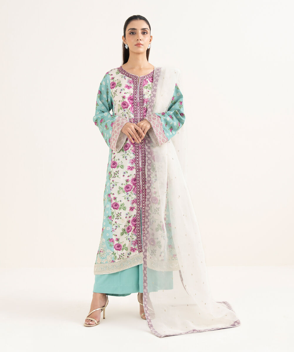 Women's RTW Cotton Viscose Embroidered White 3 Piece Suit