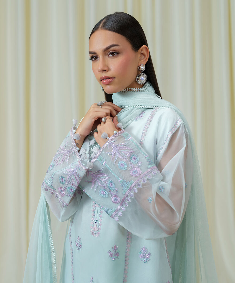 Women's Unstitched Blended Organza Embroidered Blue 3 Piece Suit