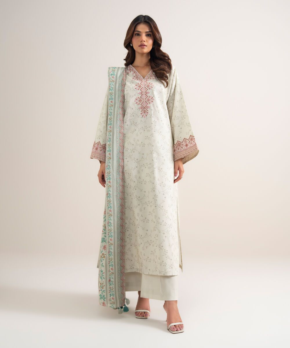 Women's Unstitched Lawn Embroidered Off White