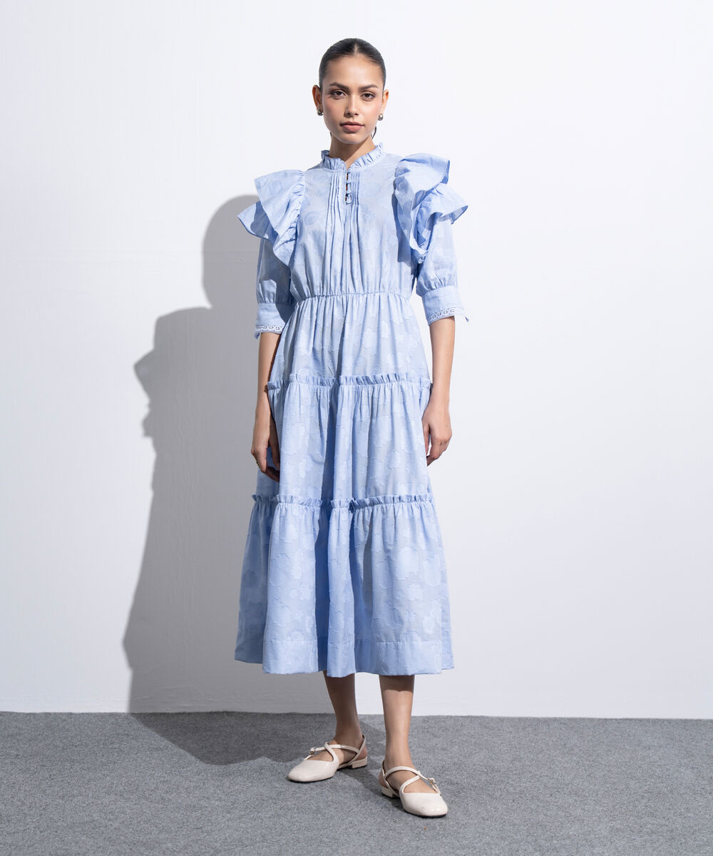 Women's Western Light Blue Tier Dress With Ruffled Details