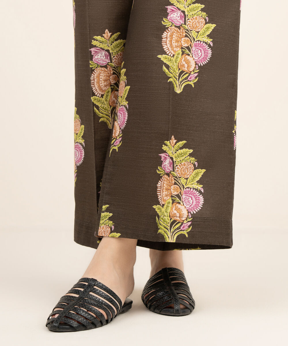 Women's RTW Light Khaddar Printed Brown Flared Pants