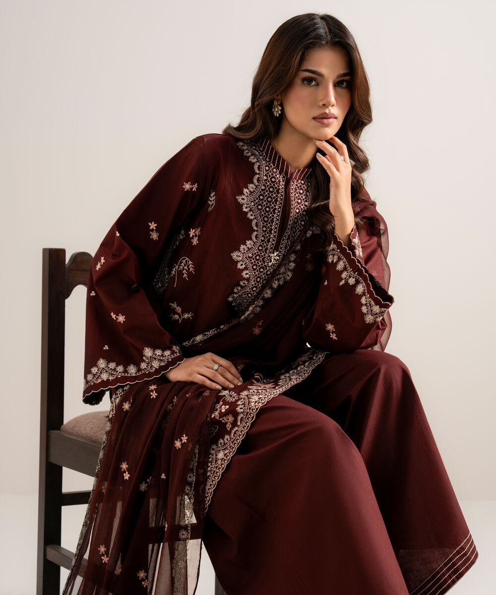 Women's Unstitched Embroidered Cotton Viscose Maroon 3 Piece Suit