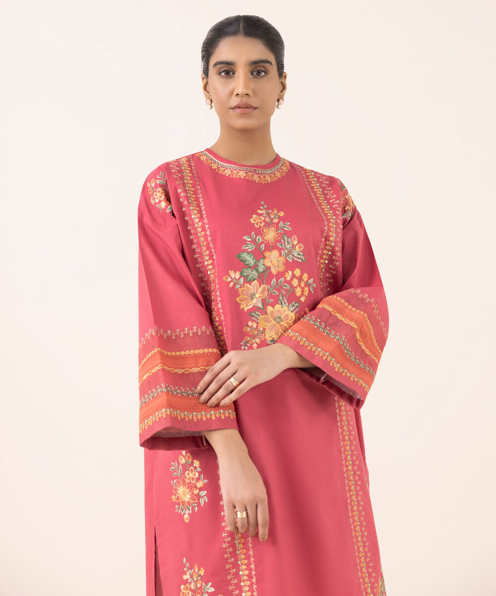 Women's Unstitched Cotton Embroidered Red Two Piece Suit