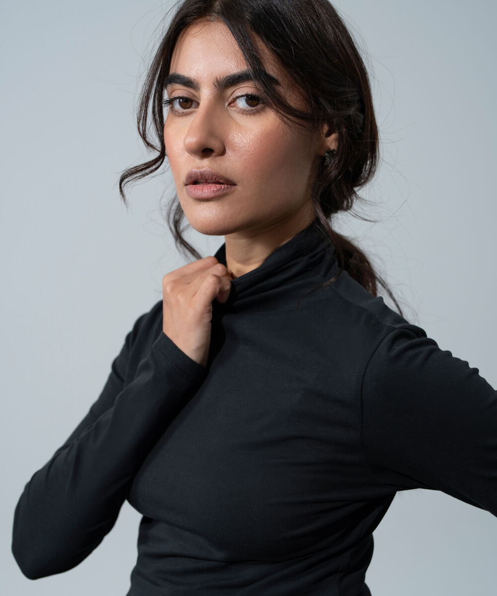Women's Western Wear Black Cotton Fitted Knit Top