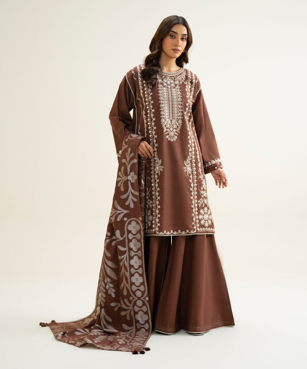 Women's Unstitched Light Khaddar Embroidered Brown & Off White 3 Piece Suit