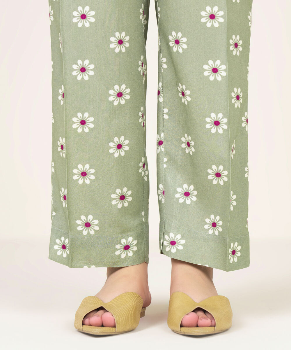 Women's RTW Viscose Linen Printed Olive Green Straight Pants