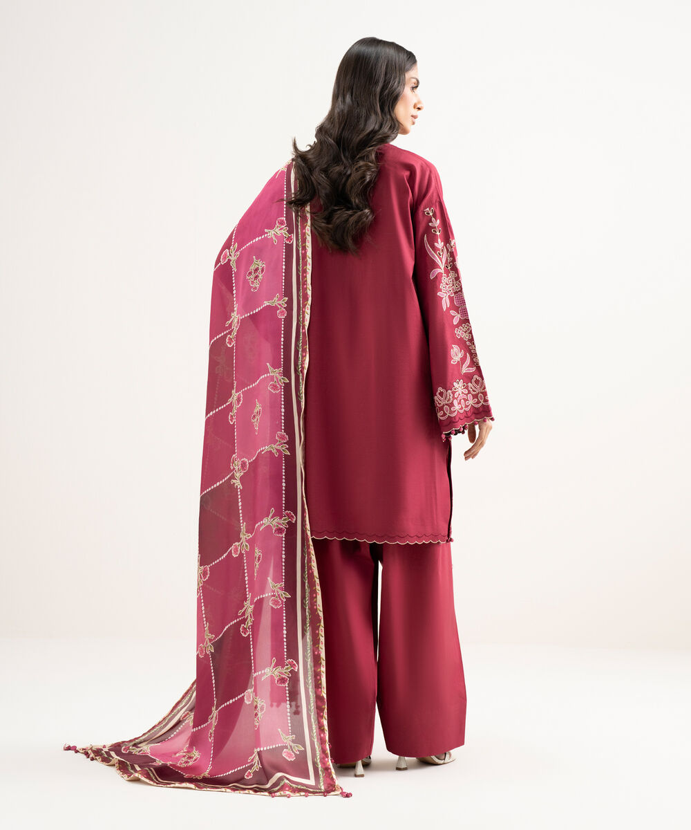 Women's Unstitched Textured Lawn Embroidered Pink 3 Piece Suit