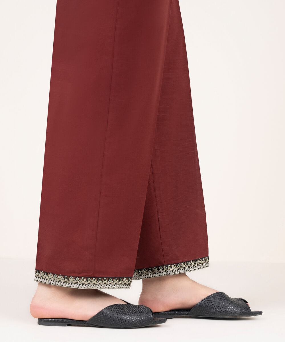Women's RTW Khaddar Embroidered Brown Straight Pants