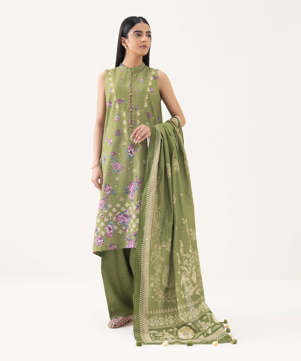 Women's Unstitched Light Khaddar Printed Green 3 Piece Suit