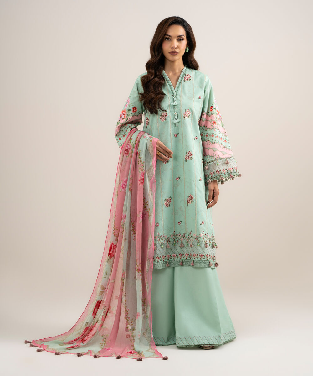 Women's Unstitched Lawn Embroidered Green