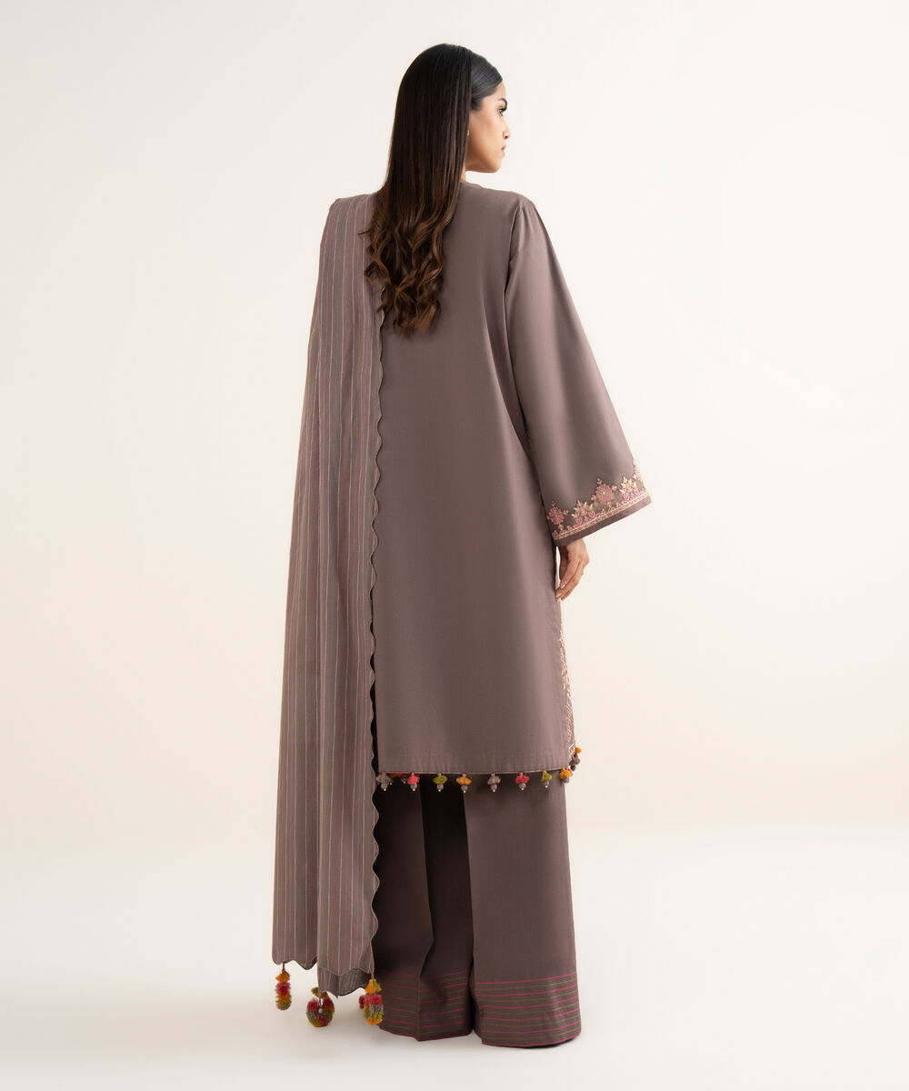 Women's Unstitched Embroidered Cotton Light Brown 3 Piece Suit