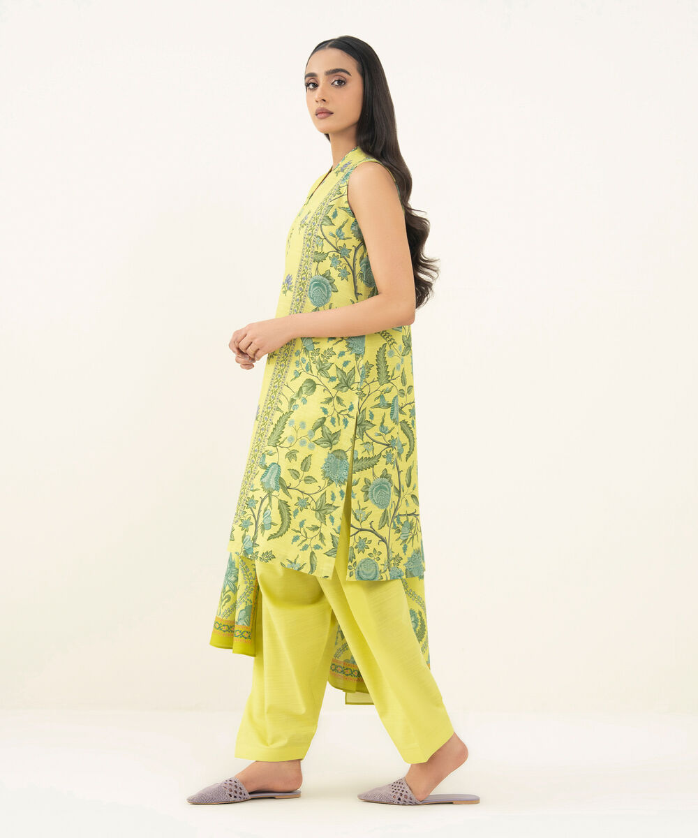 Women's Unstitched Printed Cotton Lime Yellow 3 Piece Suit