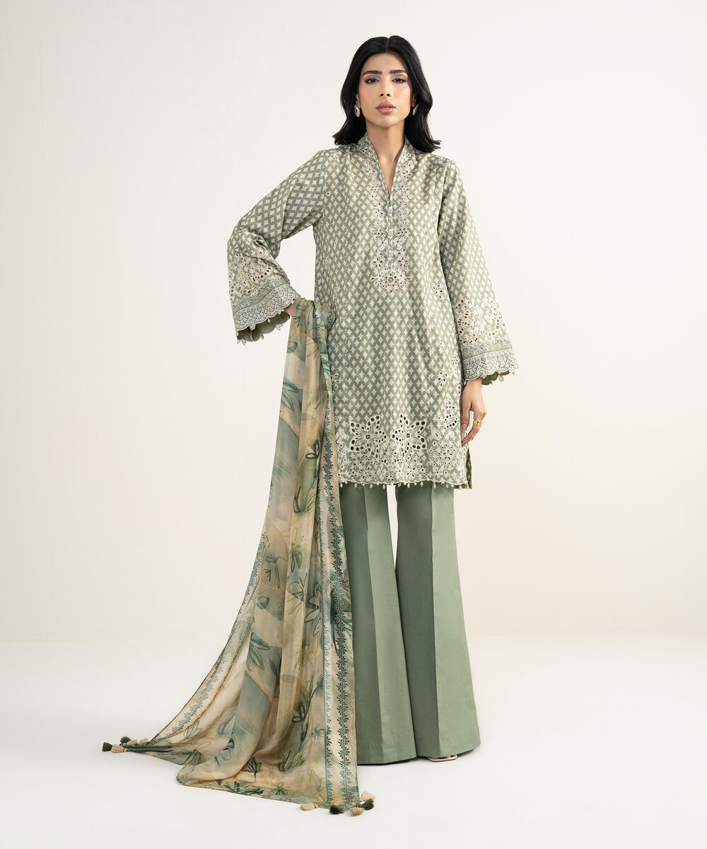 Women's Unstitched Cotton Jacquard Embroidered Green 3 Piece Suit