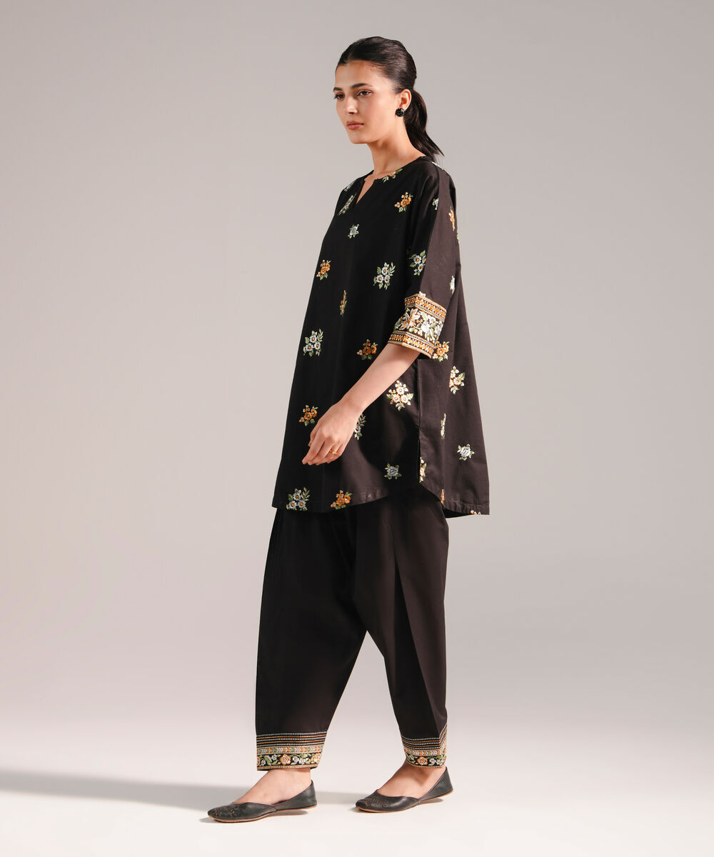 Women's RTW Slub Lawn Embroidered Black 2 Piece Suit