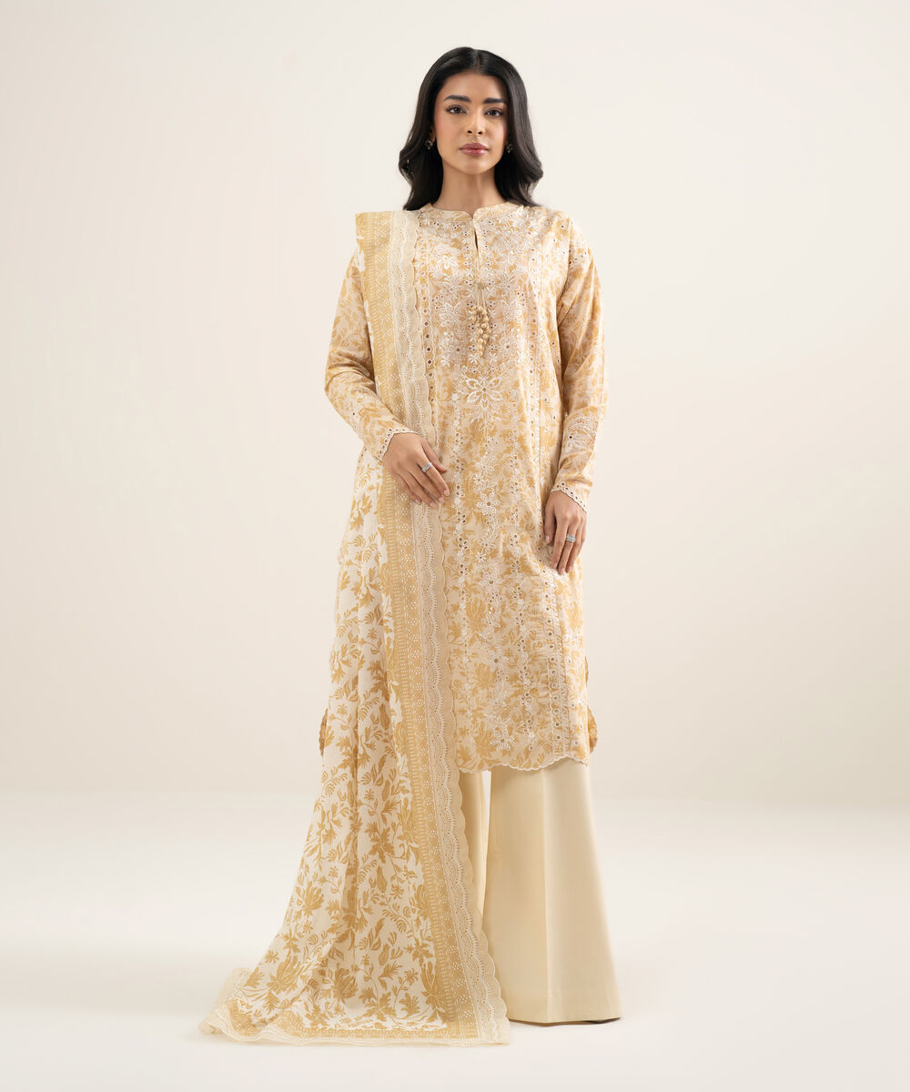 Women's Unstitched Lawn Embroidered Off White 3 Piece Suit