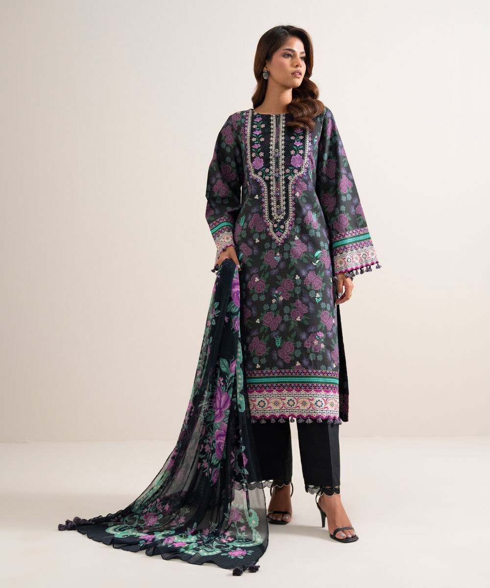 Women's Unstitched Zari Cotton Embroidered Black 3 Piece Suit