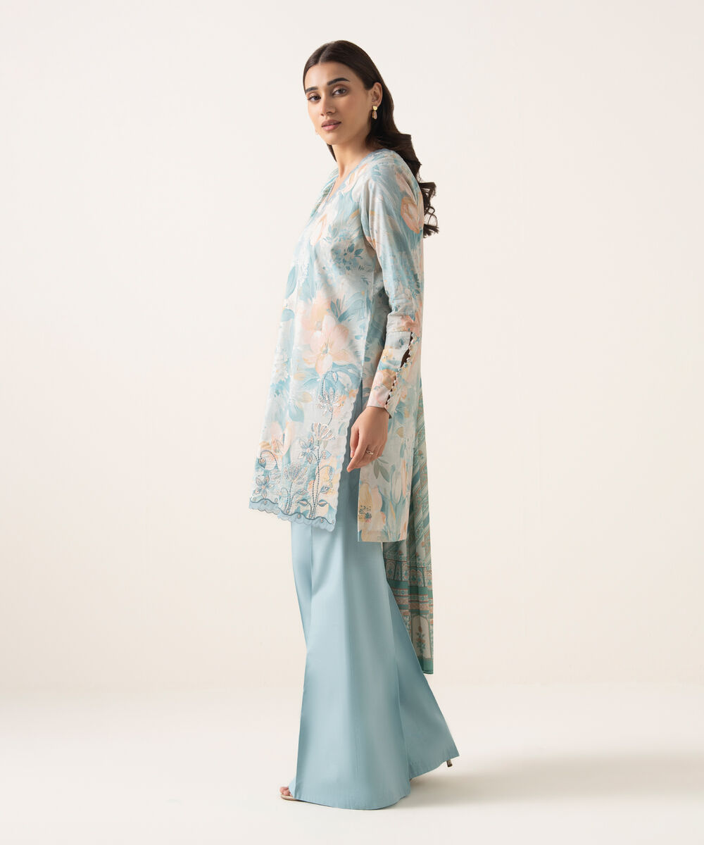 Women's Unstitched Textured Lawn Embroidered Blue 3 Piece Suit