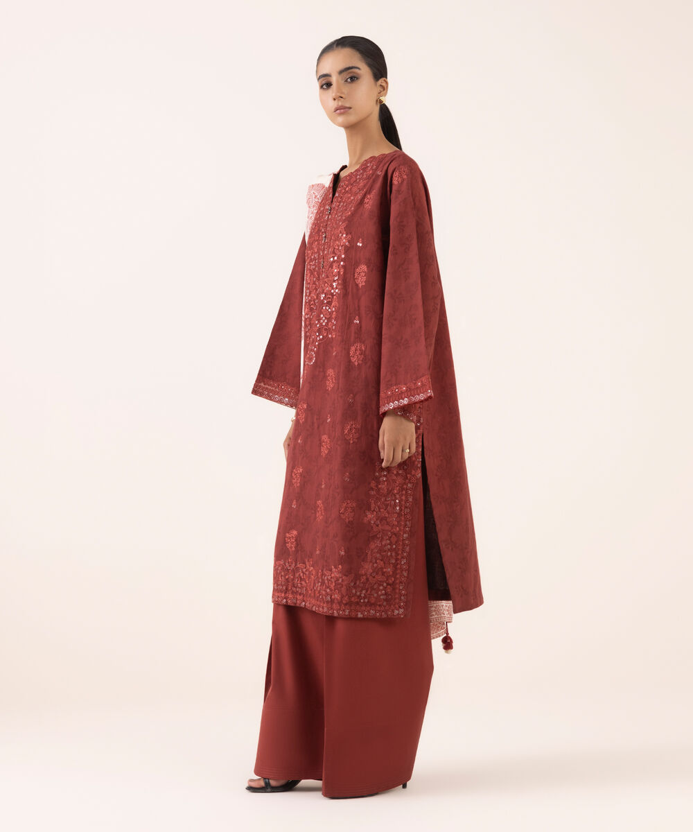 Women's Unstitched Jacquard Embroidered Maroon Three Piece Suit